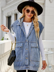 Hooded Sleeveless Denim Top with Pockets 