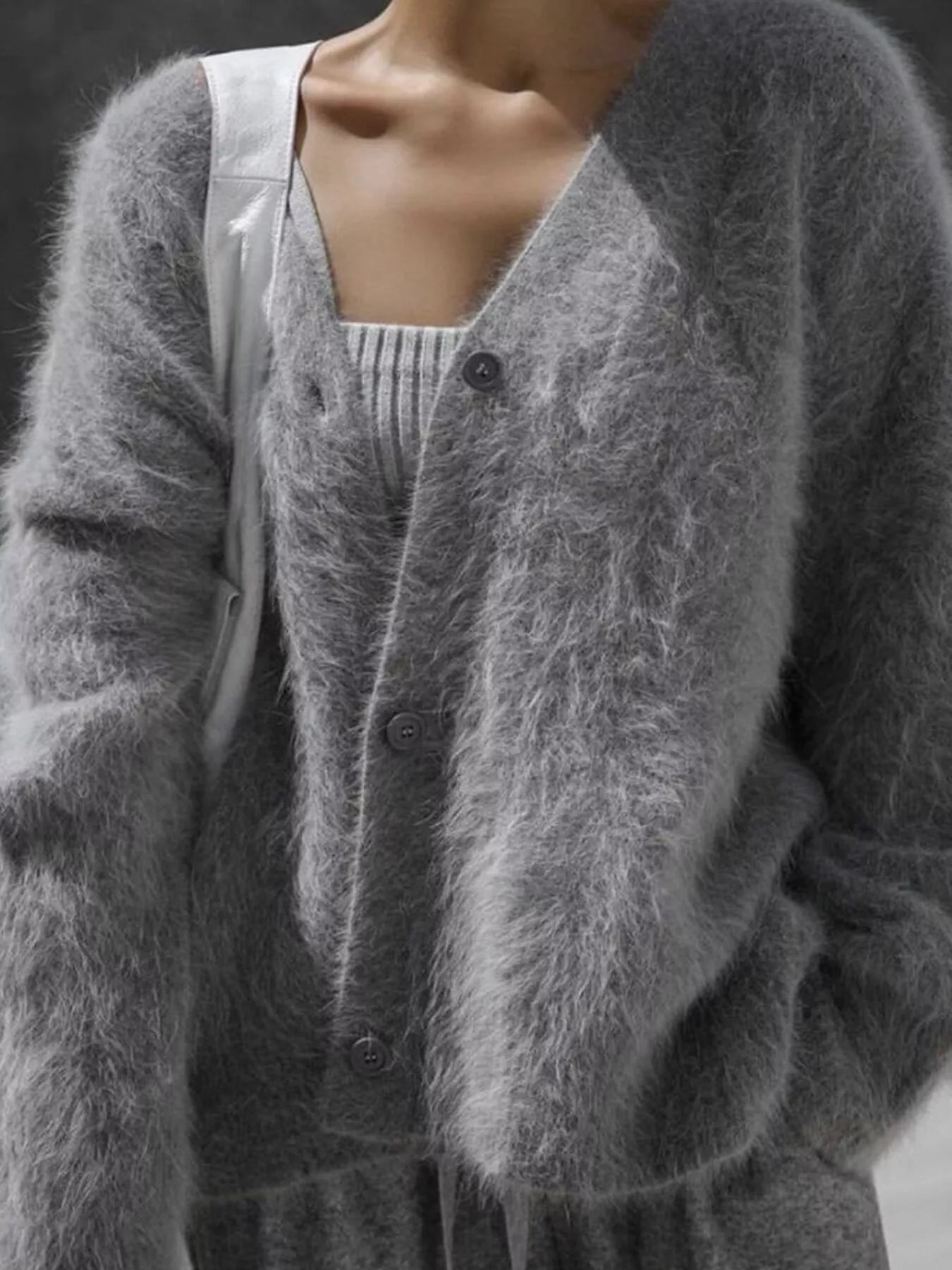 V Neck Button Down Fuzzy Knit Mohair Cardigan 