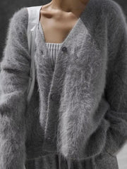 V Neck Button Down Fuzzy Knit Mohair Cardigan 