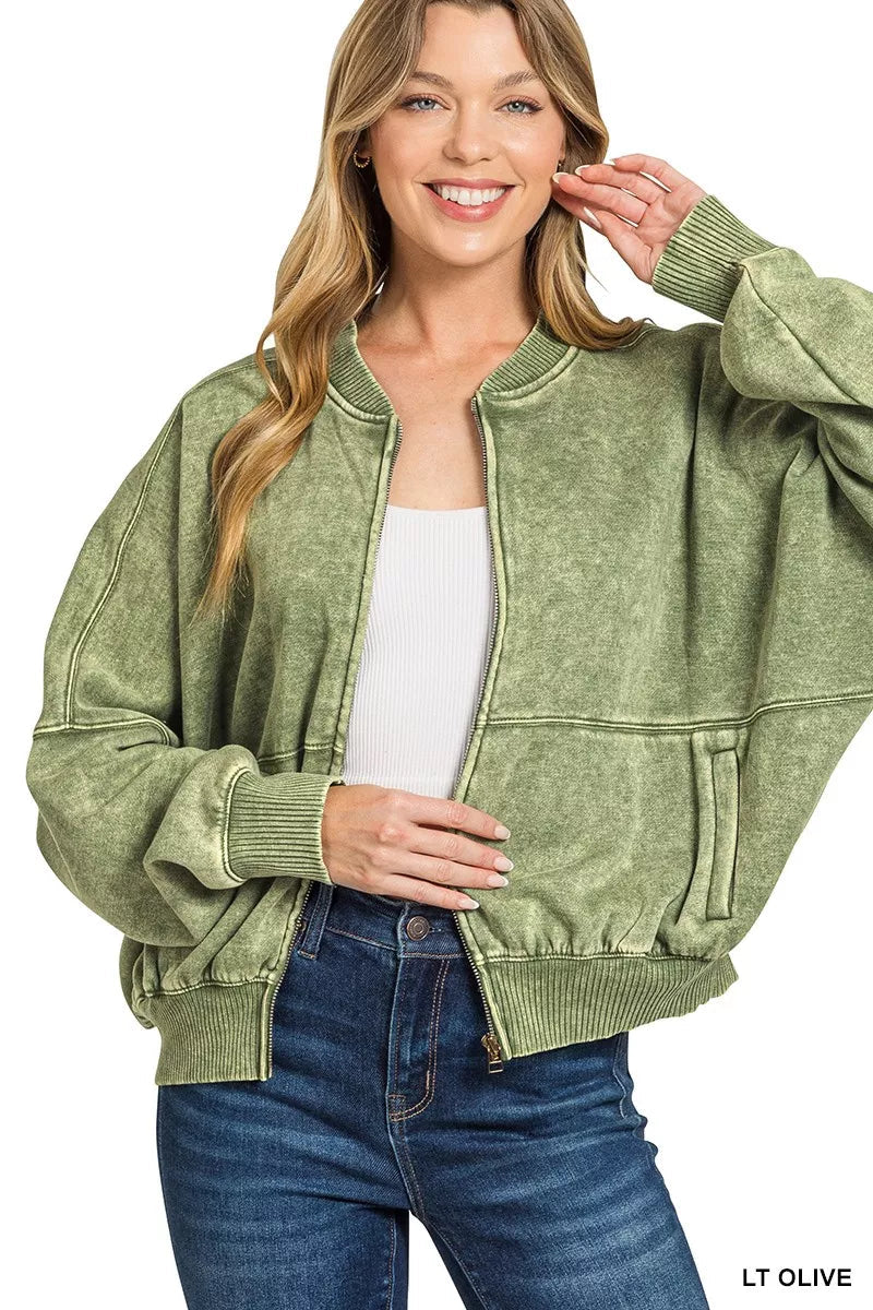 Zenana Acid Washed Fleece Jacket 