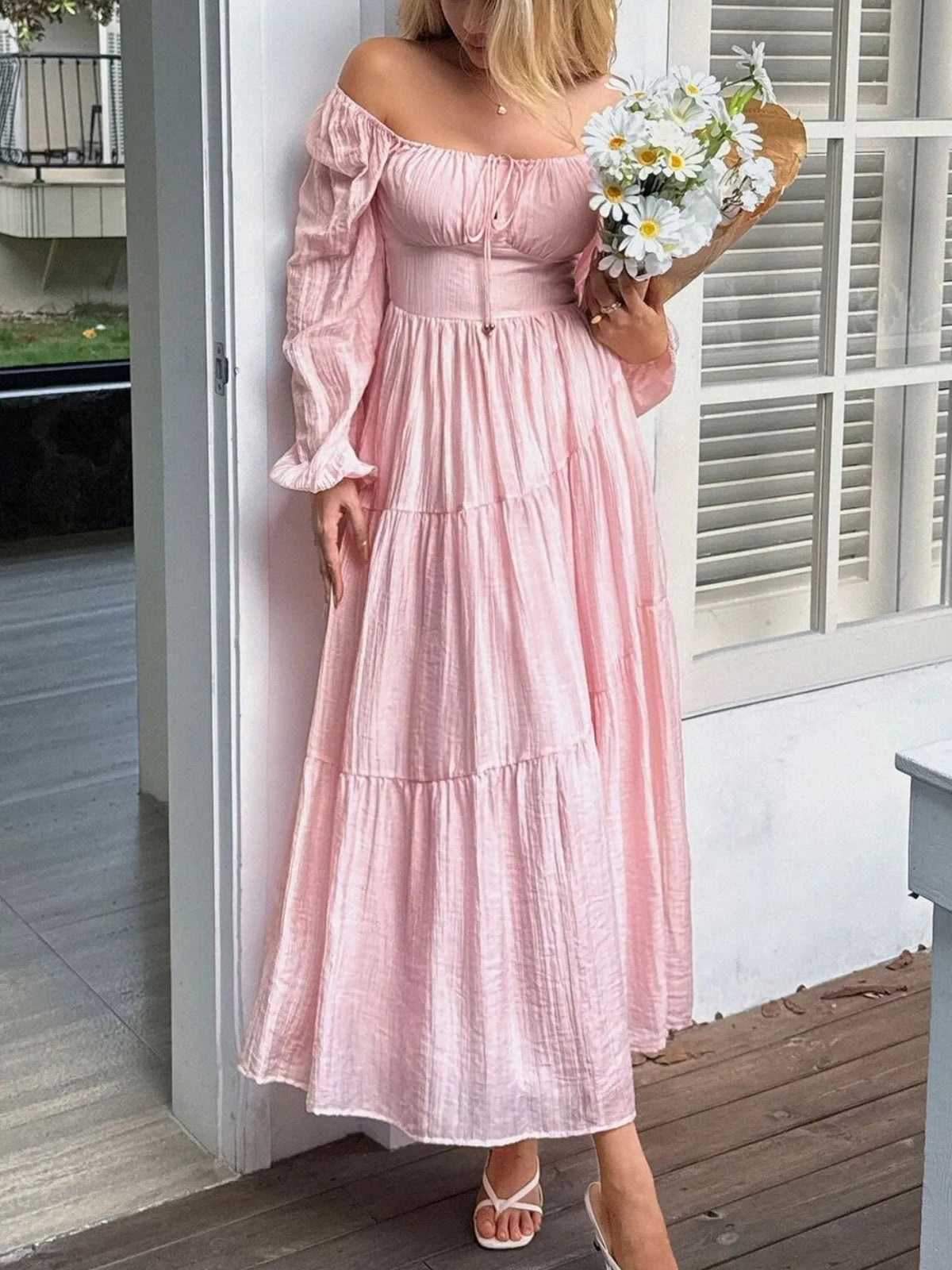 Tiered Balloon Sleeve Midi Dress 