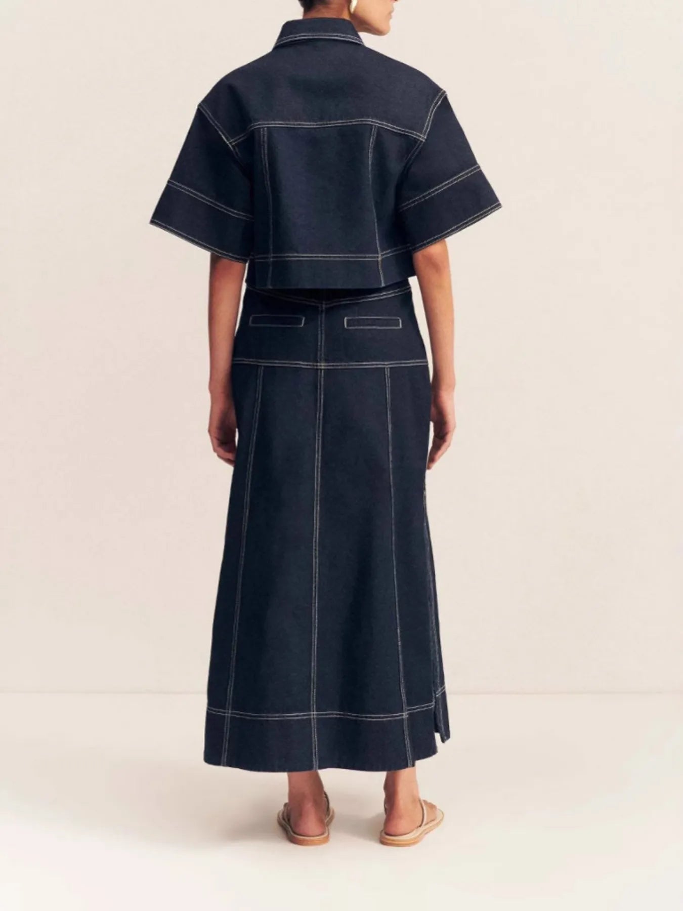 Cropped Short Sleeve Contrast Stitch Denim Top 