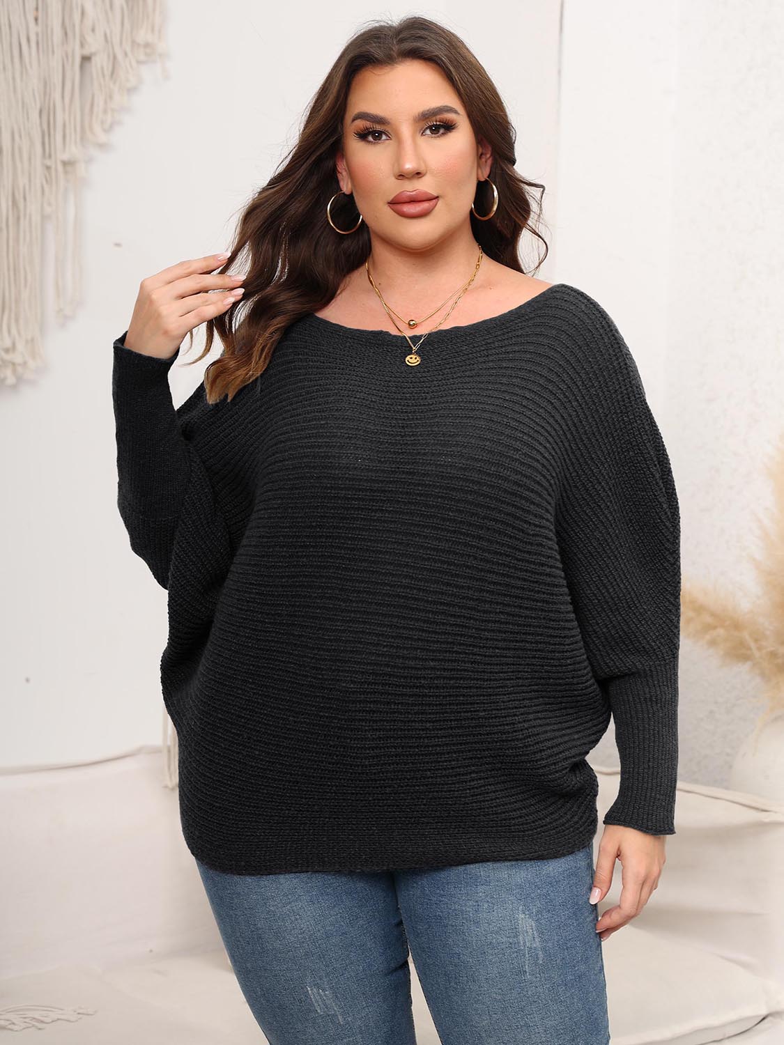 Full Size Boat Neck Batwing Sleeve Sweater 