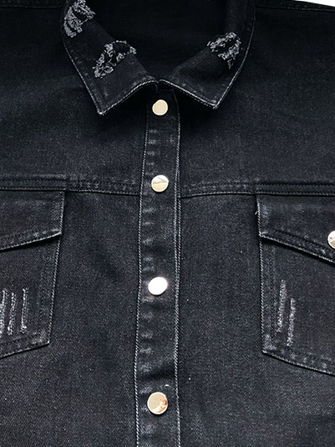 Raw Hem Collared Neck Long Sleeve Denim Jacket 