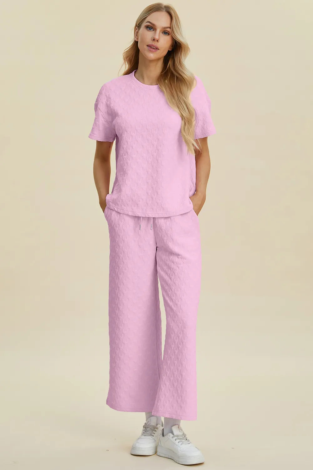 Double Take Full Size Texture Round Neck Short Sleeve Top and Pants Set 