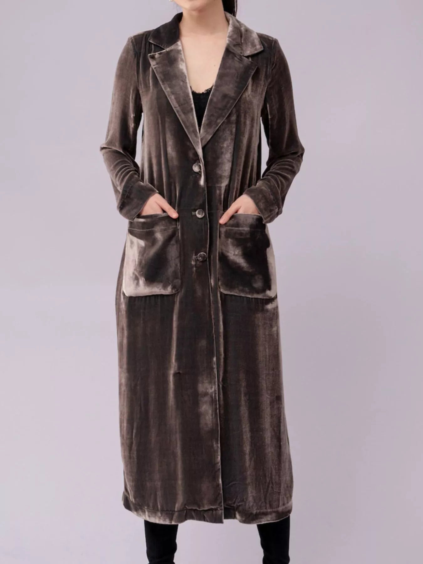 Velvet Lapel Collar Longline Coat 
