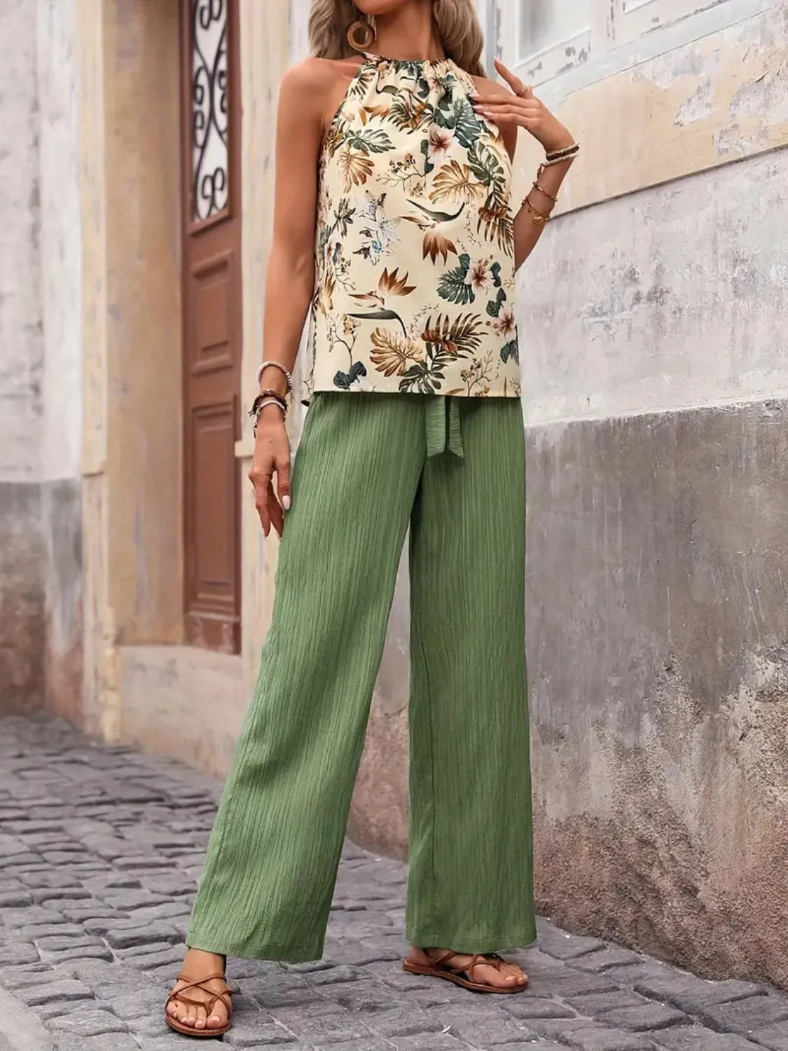 Printed Tank Top and Wide Leg Pants Set 