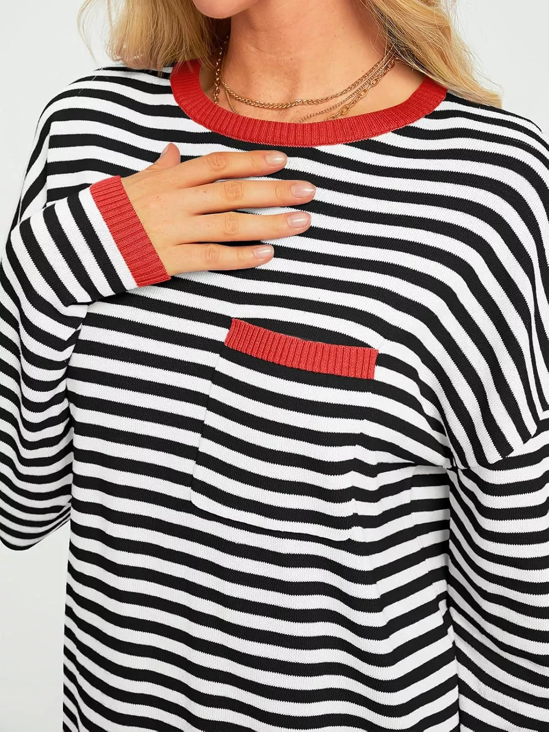 Striped Long Sleeve Sweater with Contrast Ribbed Trim 