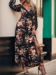 Perfee Slit Printed Surplice Long Sleeve Maxi Dress 