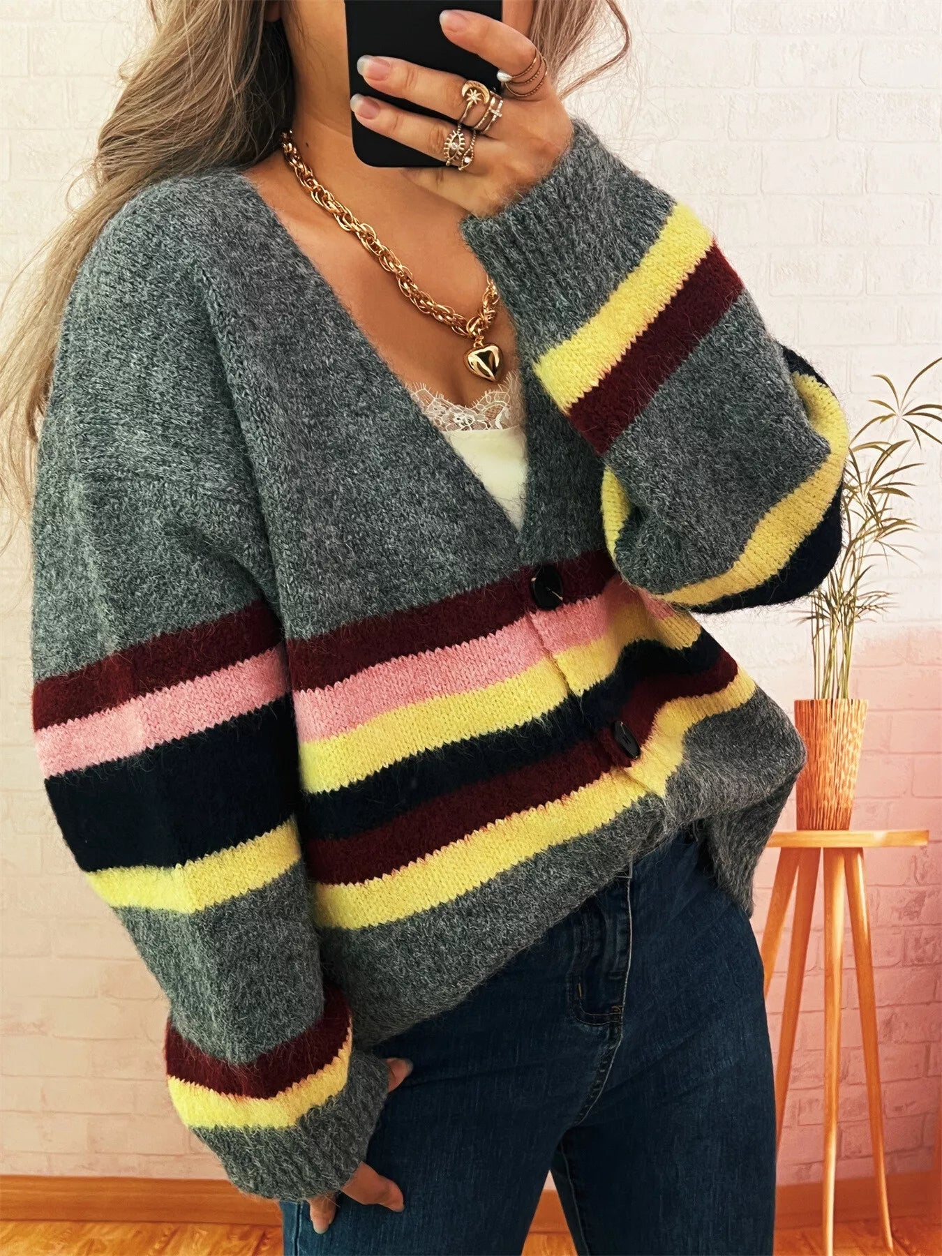 Ribbed Striped Button Down Cardigan 