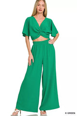 Zenana Woven Airflow Twisted Top & Wide Leg Pants Set 