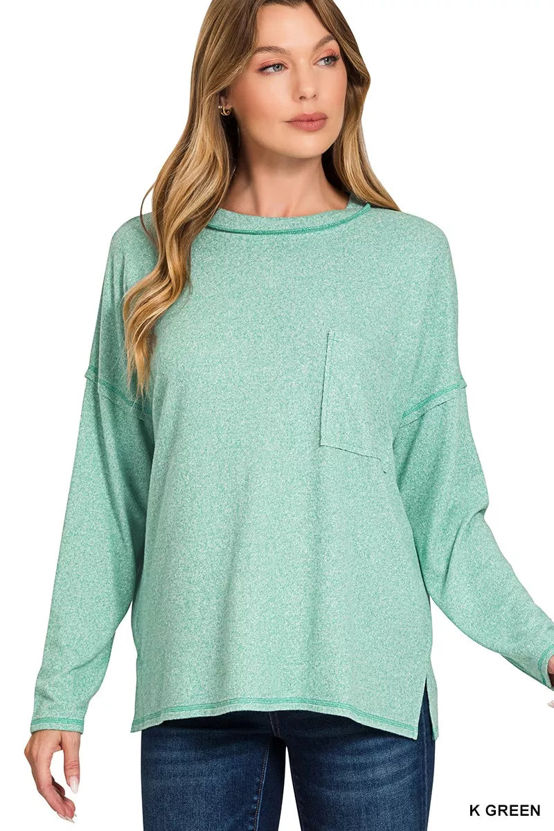 Zenana Soft Melange Hacci Round-Neck Long Sleeve T-Shirt 