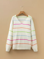 Colorful Striped Detail V Neck Drop Shoulder Baggy Sweater 