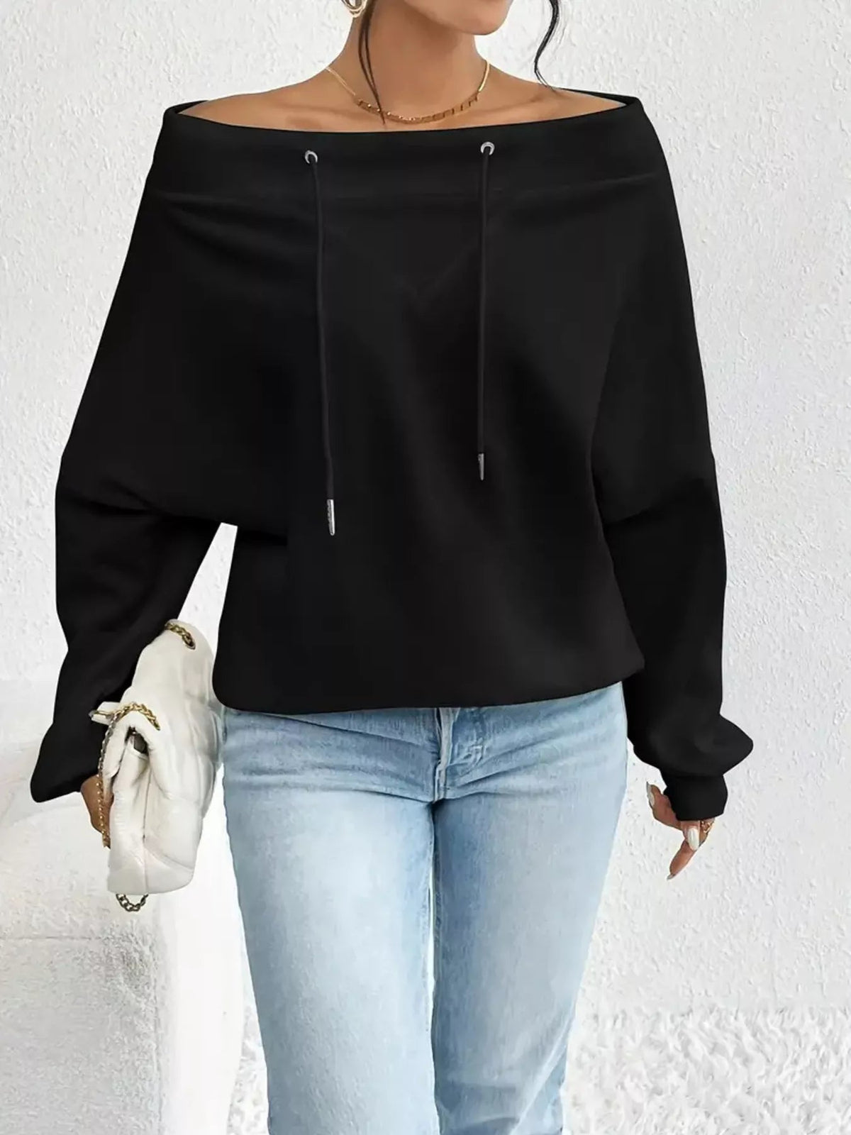 Full Size Off-Shoulder Drawstring Long Sleeve Top Plus Size 