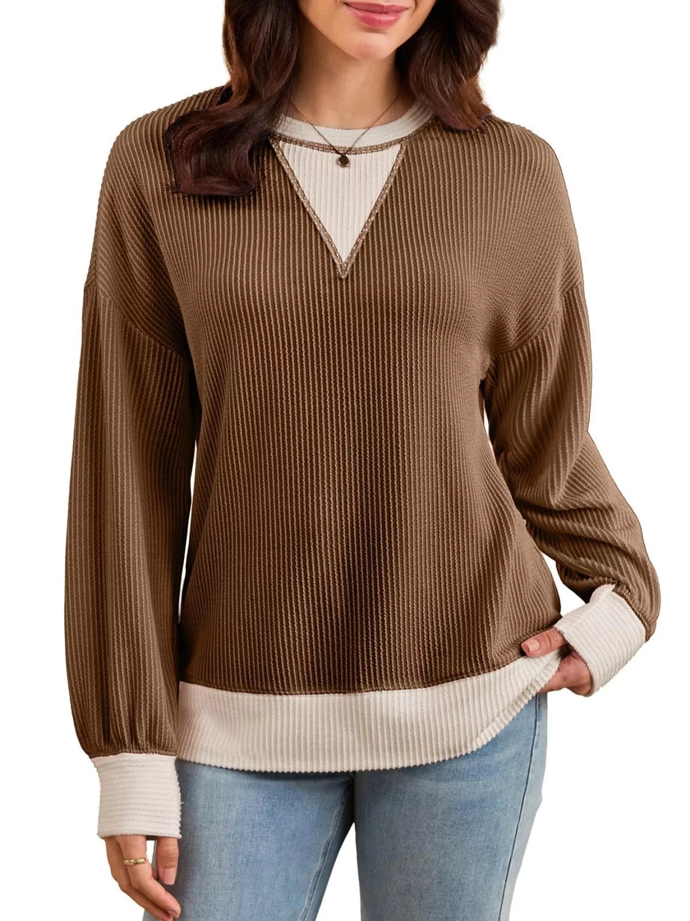 Two-Tone Ribbed Knit Sweatshirt 