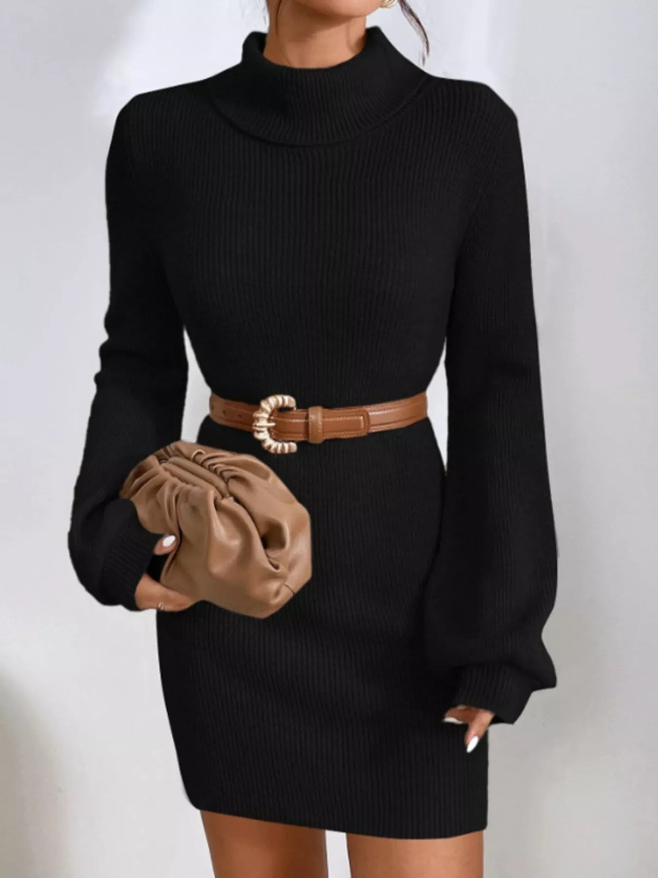 Turtleneck Ribbed Knit Sweater Dress 