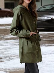 Plus Size Hooded Drawstring Waist Trench Coat 