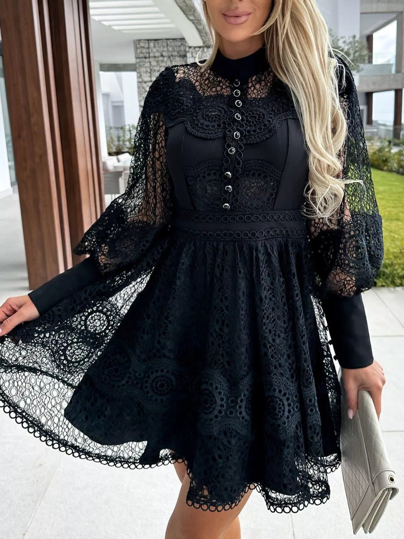 Lace Lantern Sleeve Mini Dress 