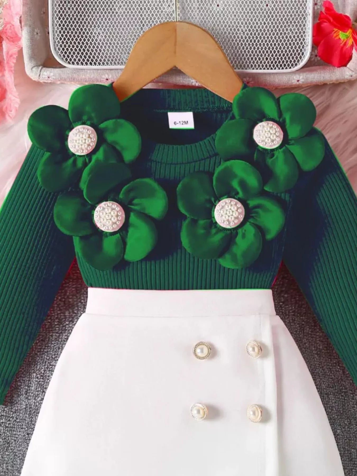 Children's Floral Applique Ribbed Top & Button Decor Skirt Set 