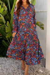 Floral Notched Flounce Sleeve Maxi Dress 