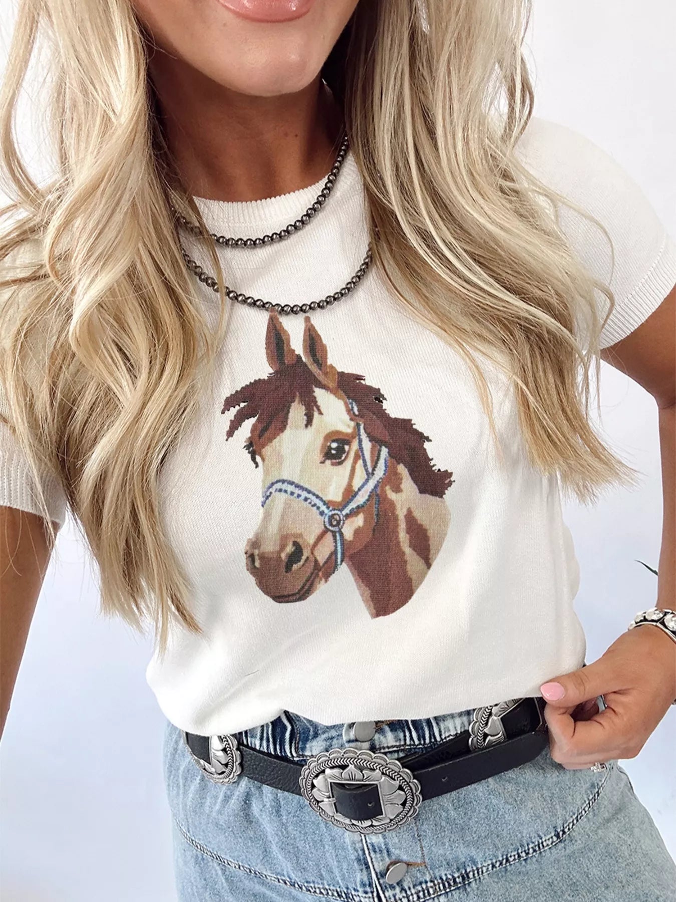 Wild West Horse Head Printed Short Sleeve Sweater 