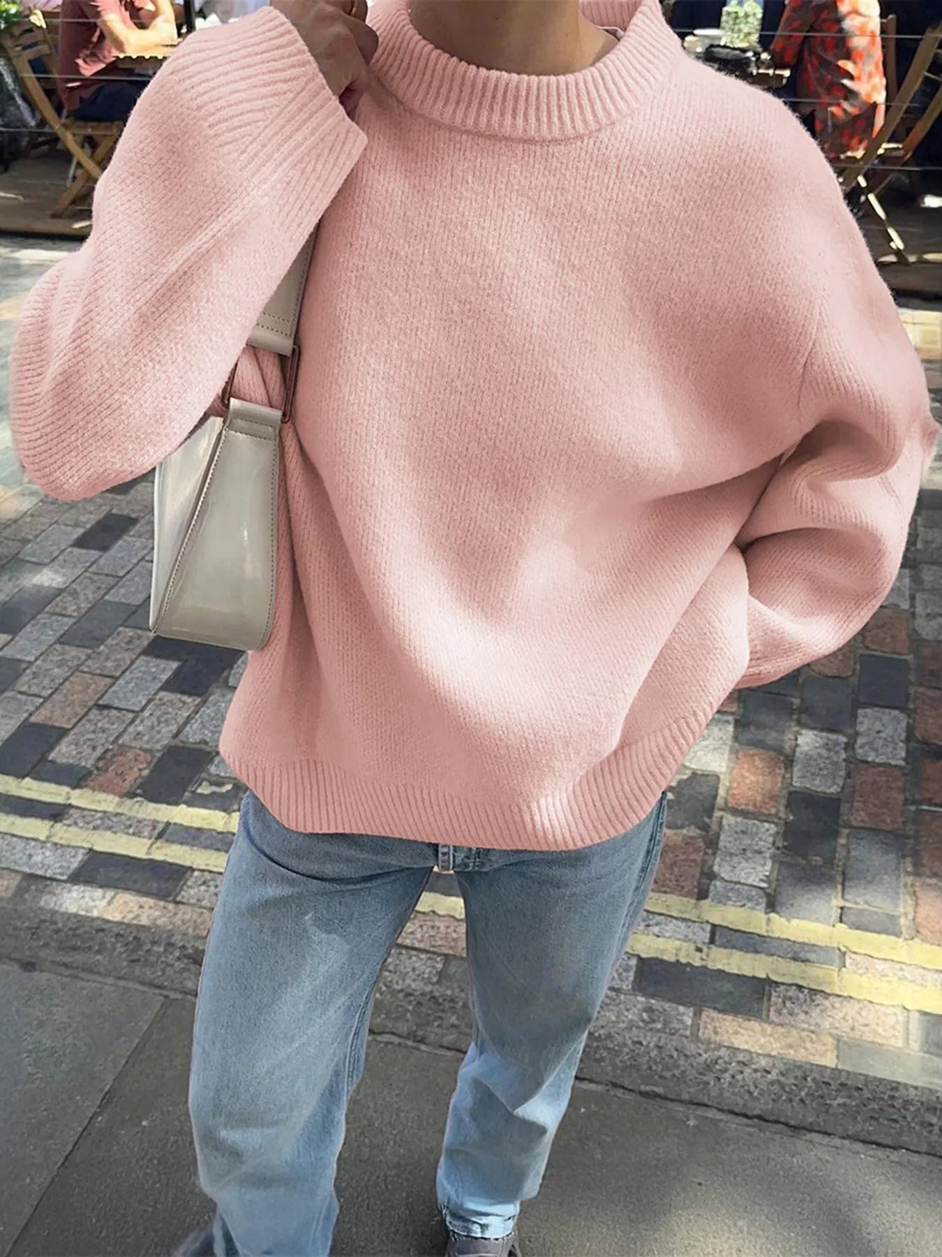 Ribbed Round Neck Dropped Shoulder Sweater 