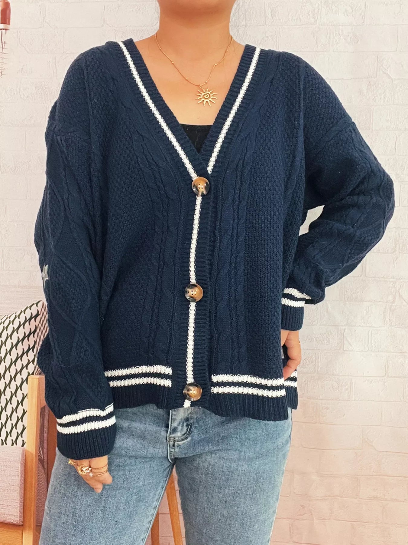 Star Pattern Button-Up Cardigan with Contrast Trim 