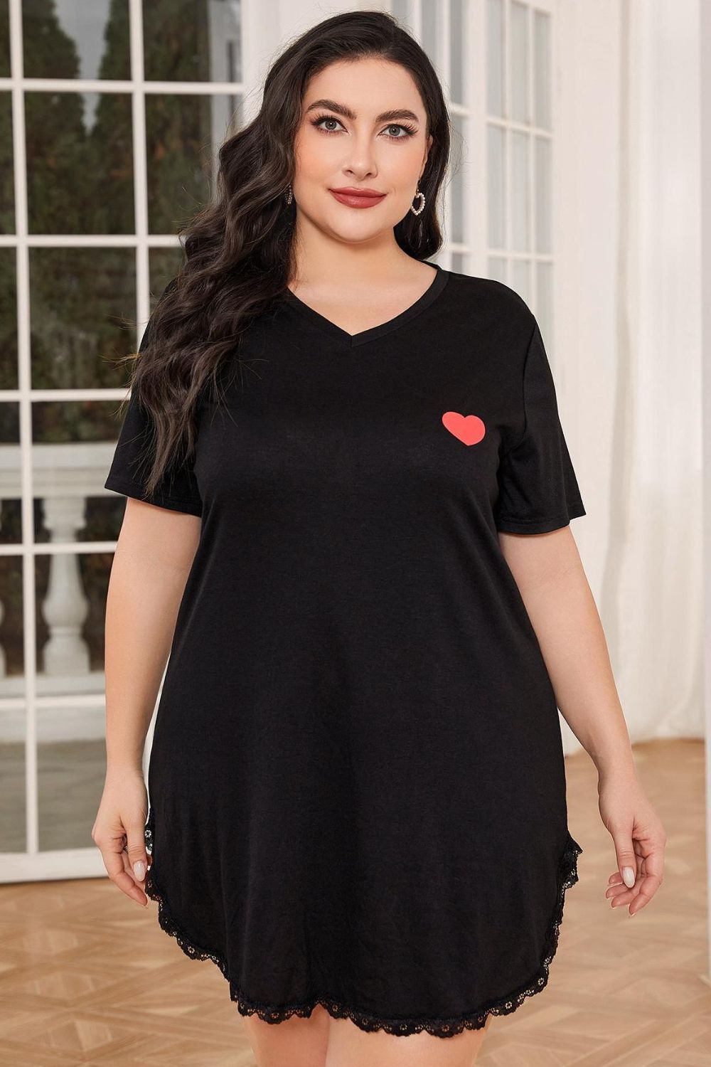 Plus Size Lace Trim V-Neck Short Sleeve Night Dress 