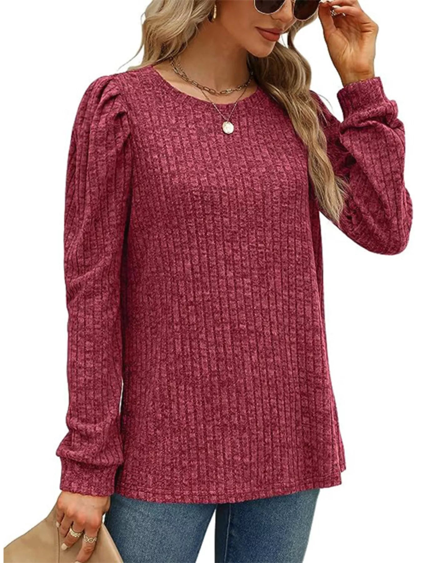 Ribbed Knit Top with Puff Sleeves 