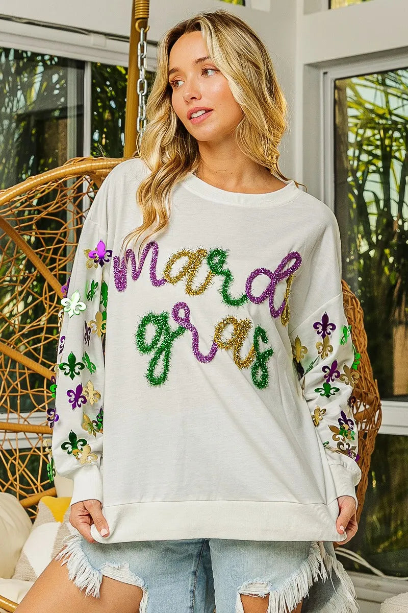 BiBi Fleur De Lis Sleeve Mardi Gras Pullover 