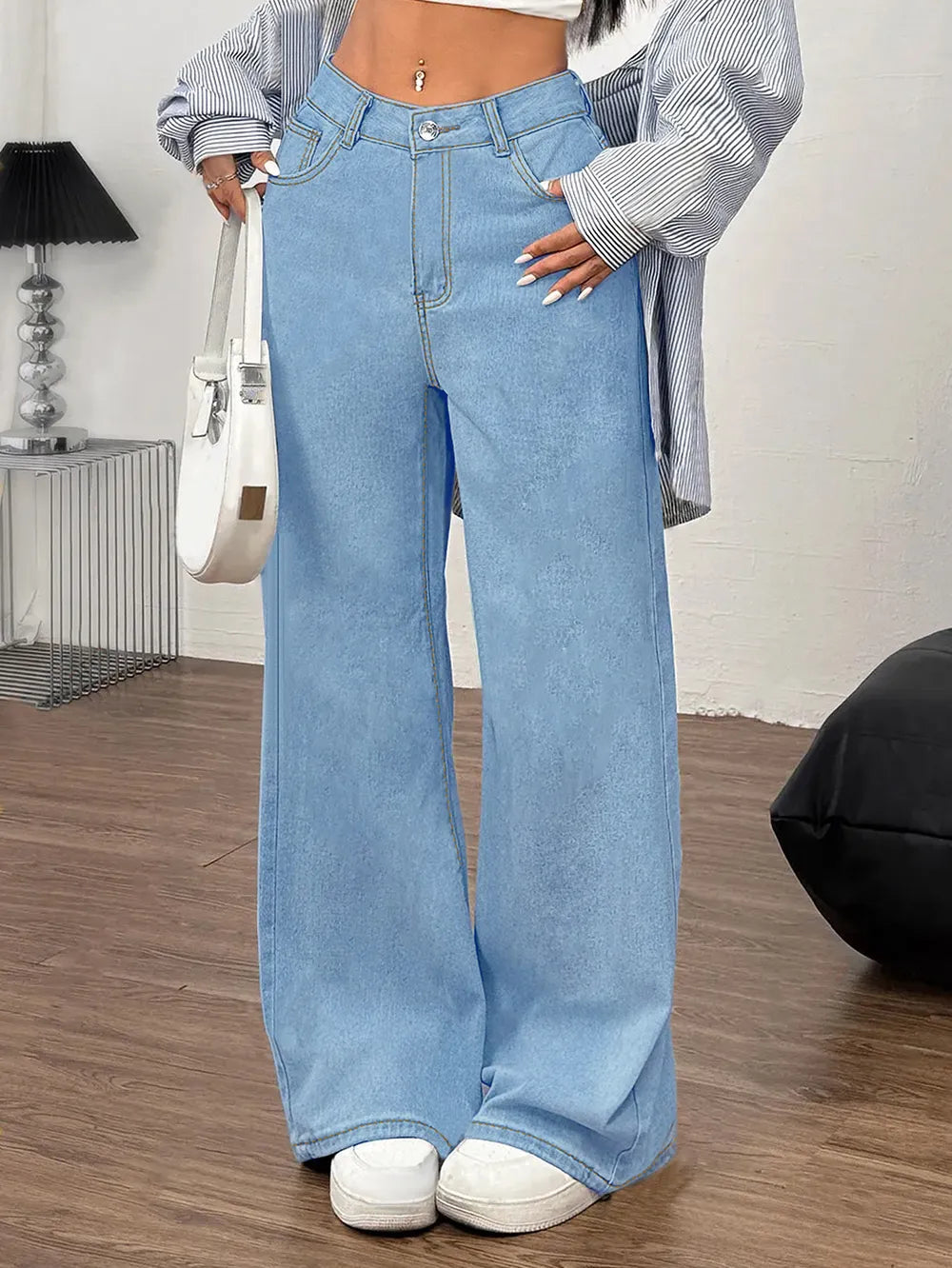 Embroidered Bow Back Wide Leg Jeans 
