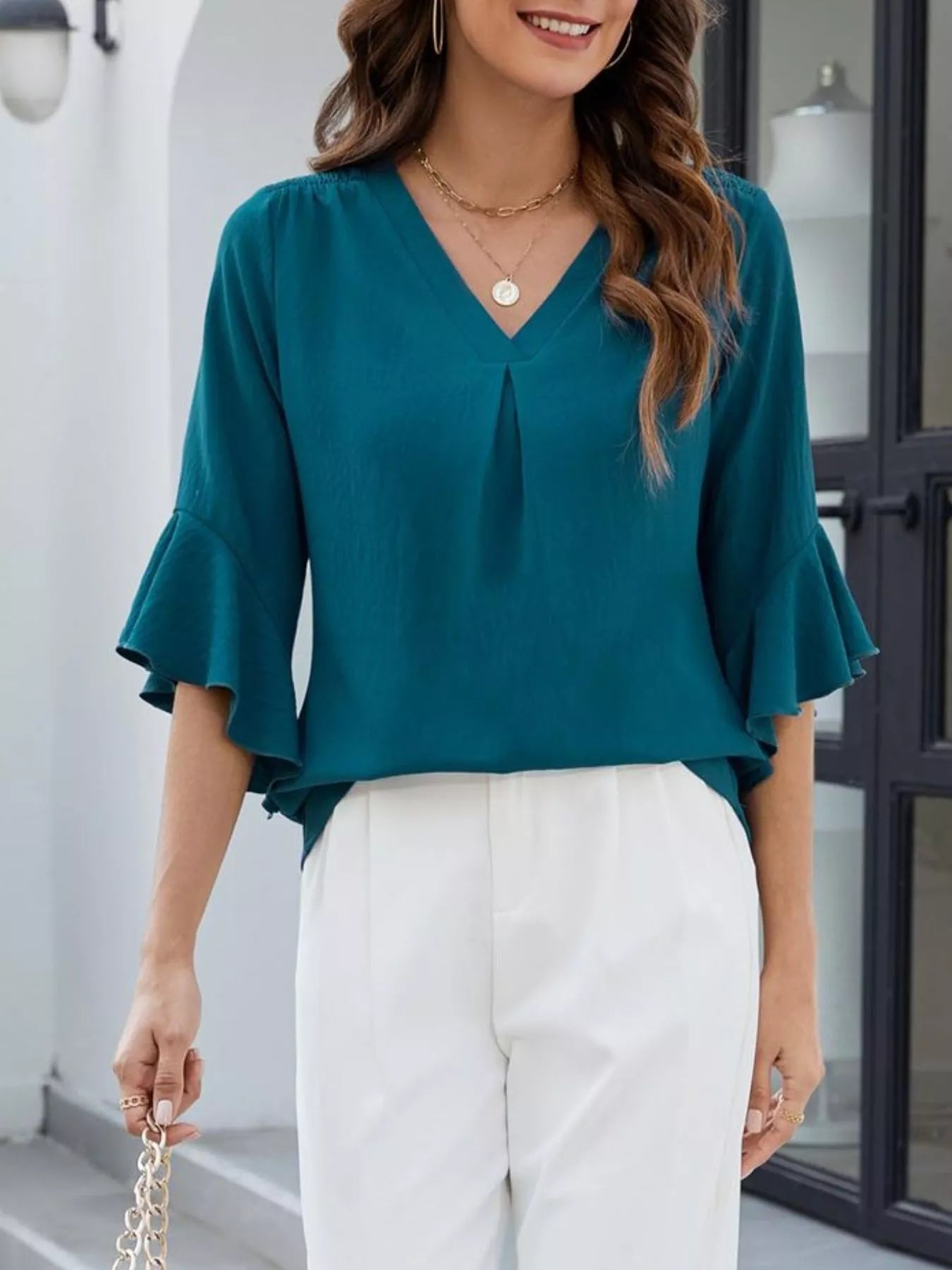 V-Neck Ruffle Sleeve Blouse 