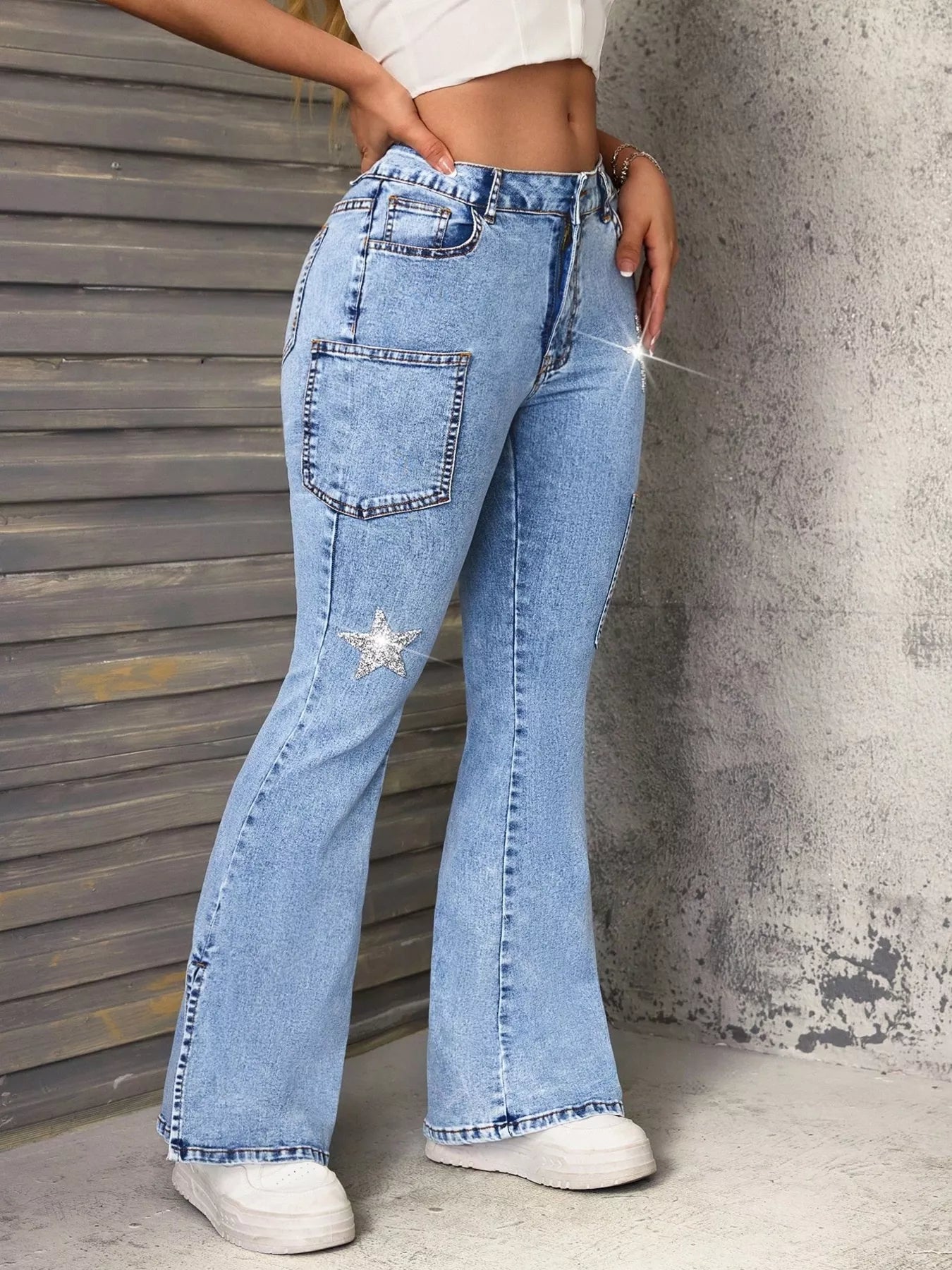 Slit Star Flare Leg Jeans 