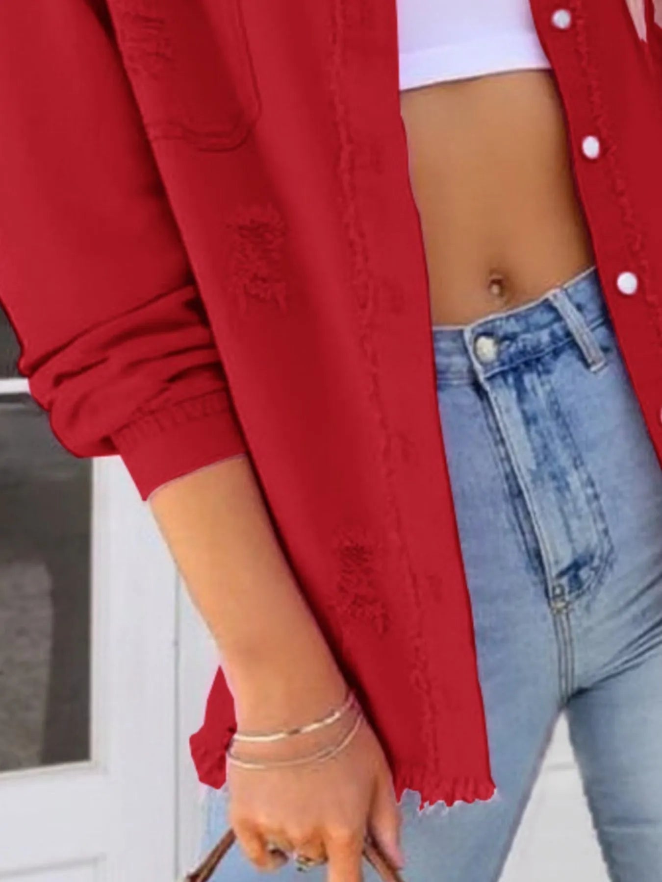 Distressed Denim Jacket with Frayed Edges 