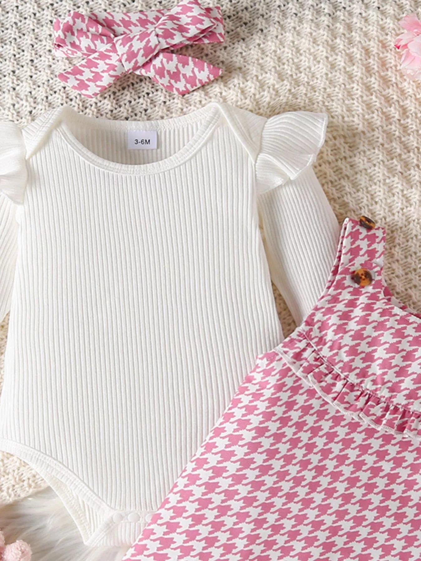 Children's Ruffled Trim Bodysuit and Dress Set with Headband 