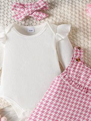 Children's Ruffled Trim Bodysuit and Dress Set with Headband 