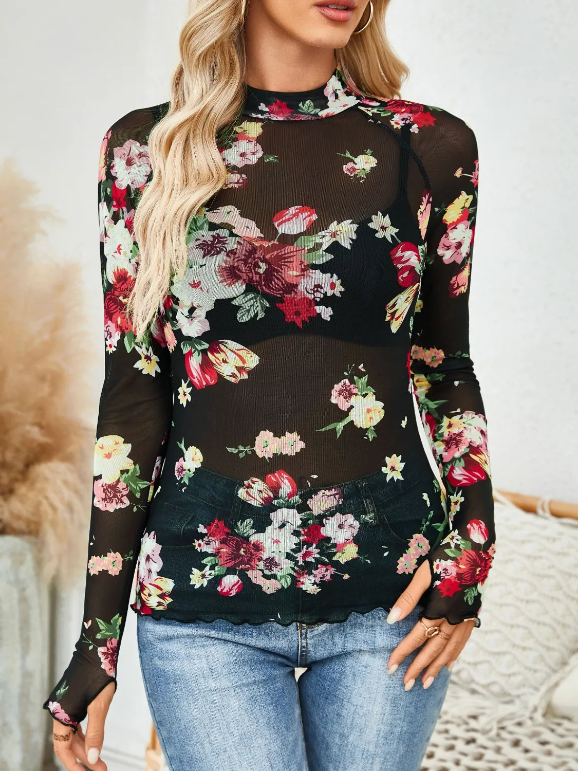 Floral Mock Neck Long Sleeve Top 