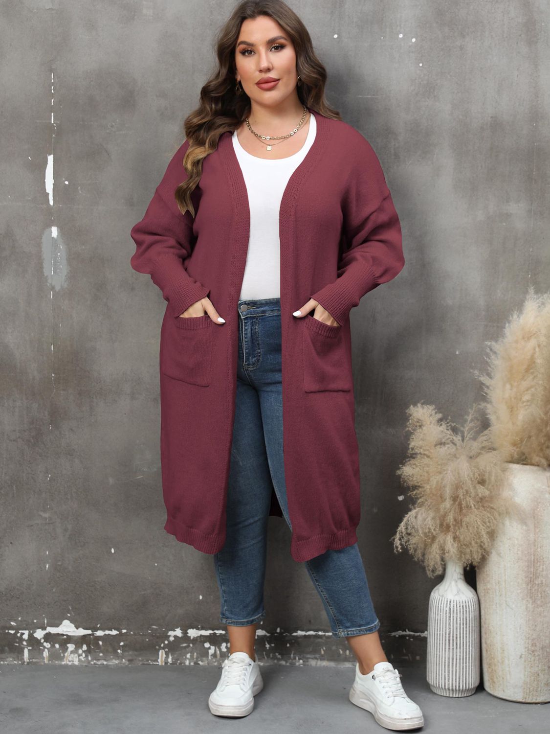 Plus Size Long Sleeve Pocketed Cardigan 