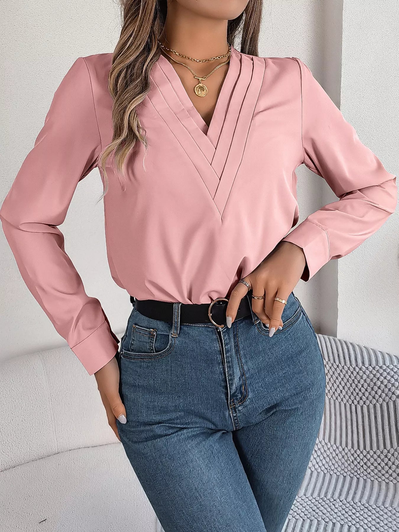 Layered V-Neck Long Sleeve Blouse 