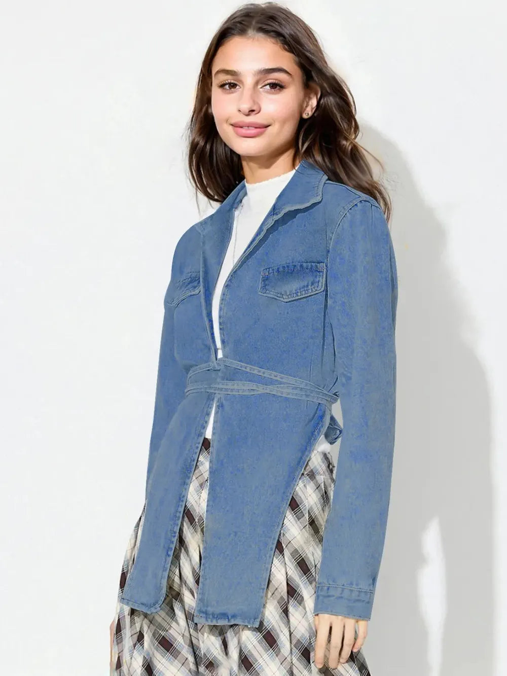 Asymmetric Slit Collared Neck Long Denim Top 