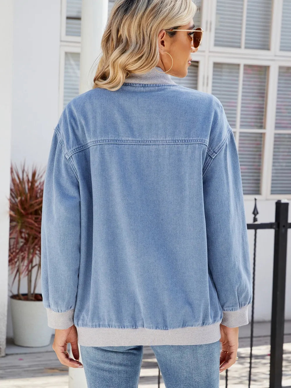 Pocketed Zip Up Baseball Collar Denim Jacket 