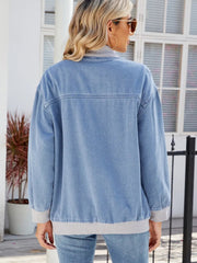 Pocketed Zip Up Baseball Collar Denim Jacket 