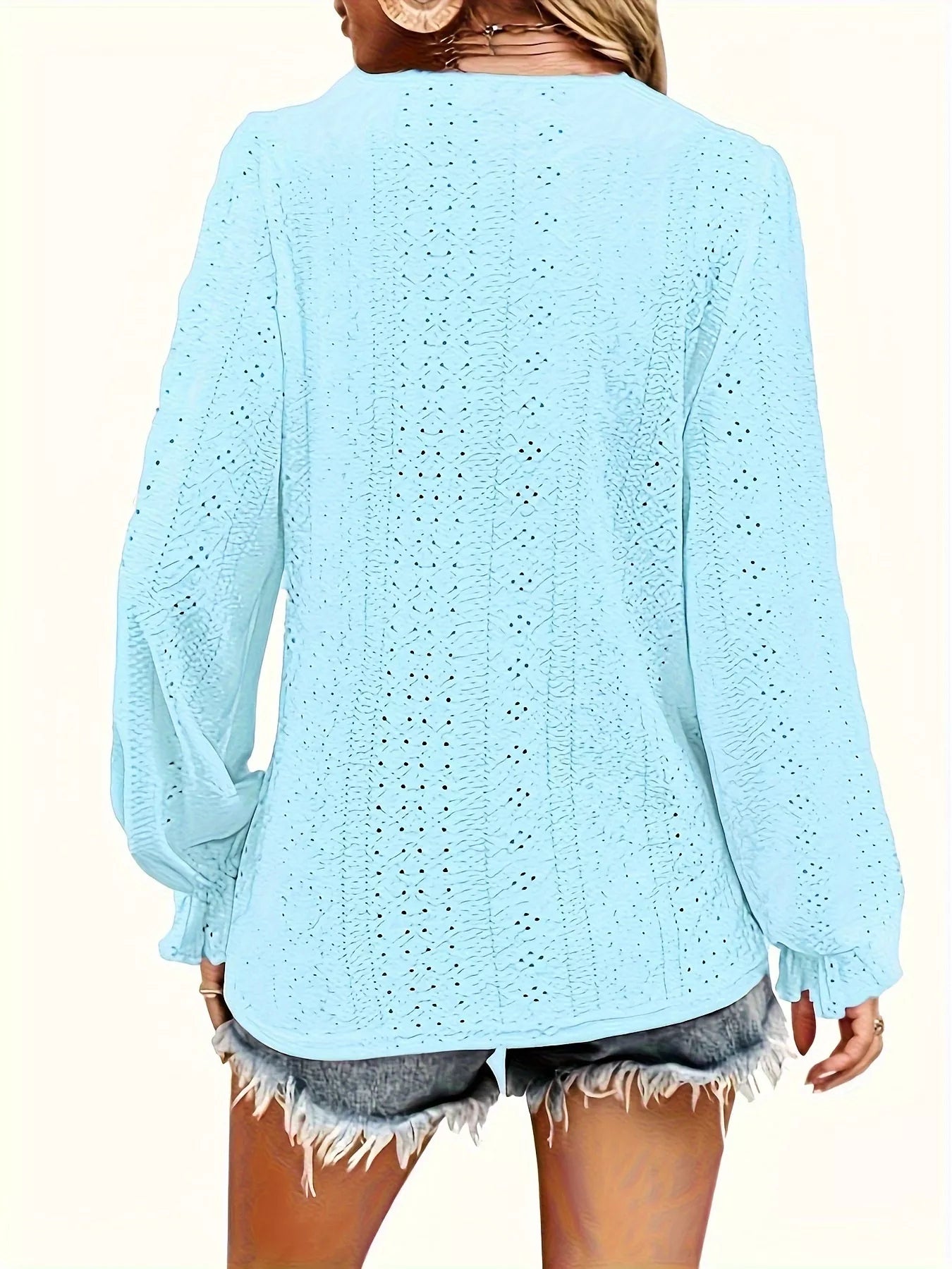 Plus Size Eyelet V-Neck Flounce Sleeve Blouse 