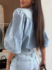 Button-Down Puff Sleeve Denim Top 