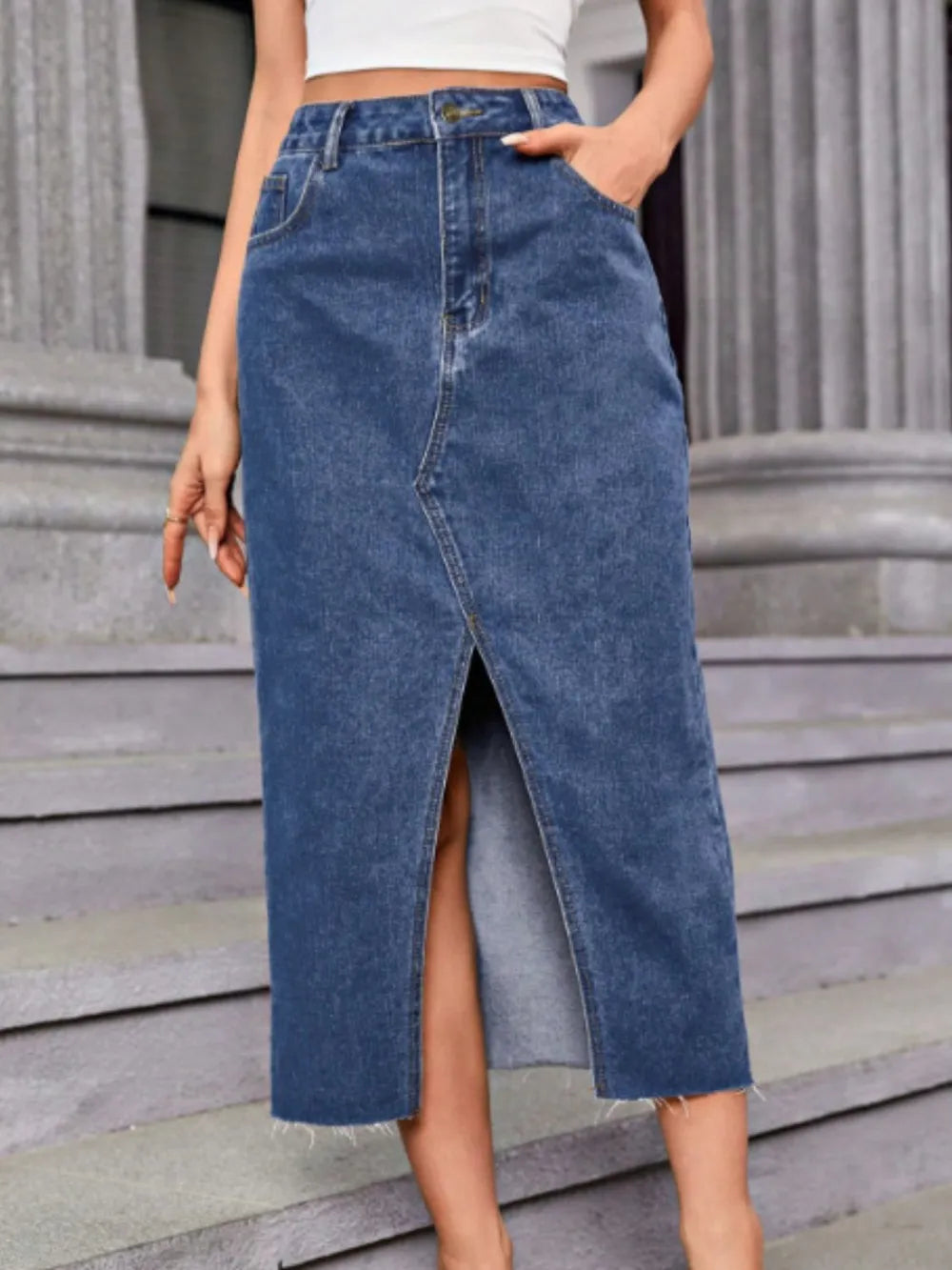 Slit Midi Denim Skirt with Pockets 