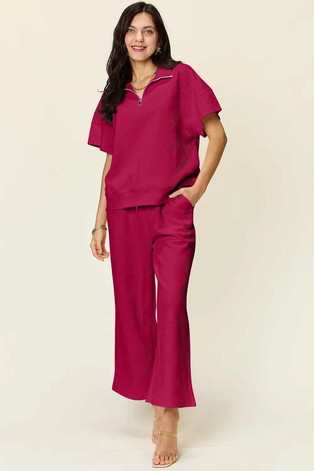Double Take Full Size Texture Half Zip Short Sleeve Top and Pants Set 