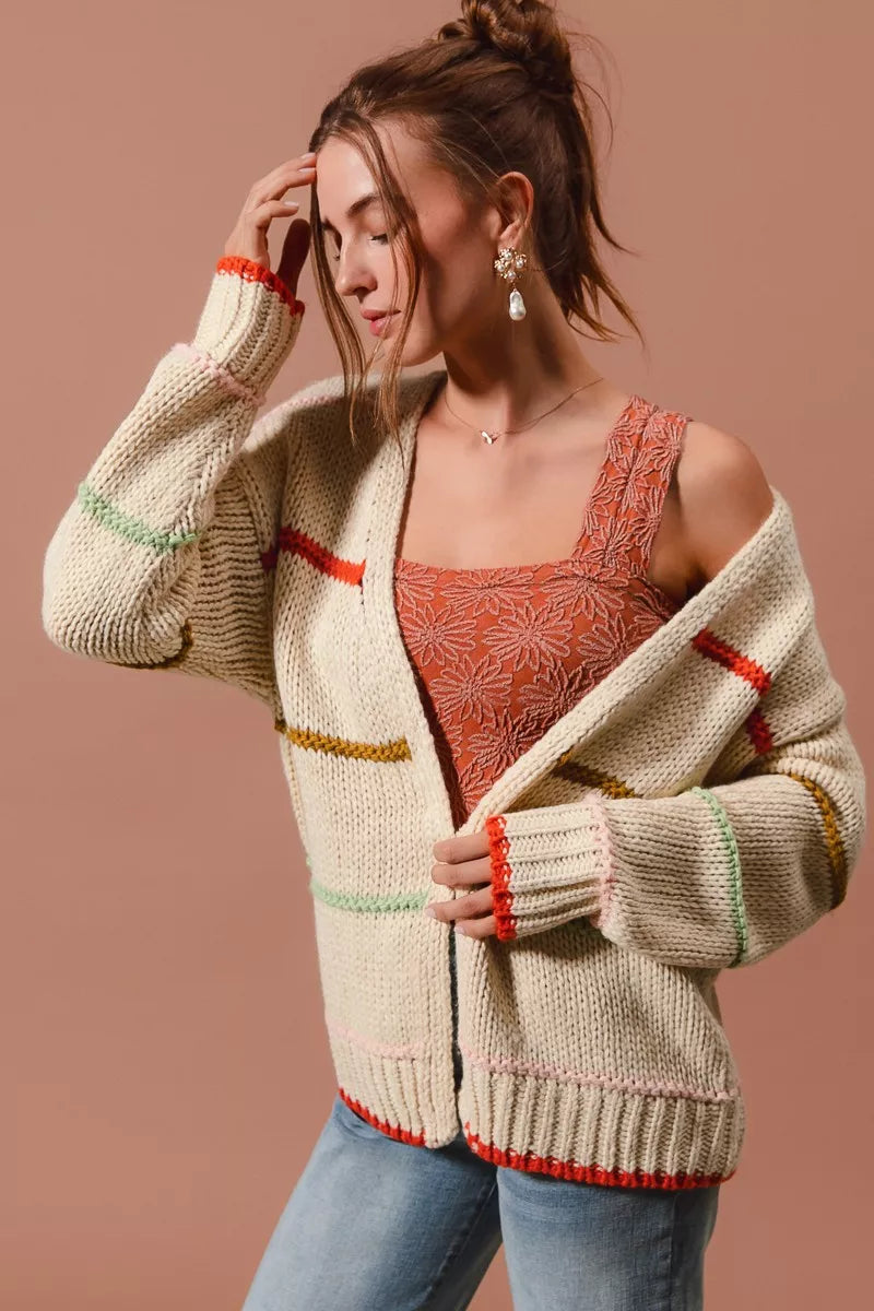SO ME Loose Fit Multi Stripe Open Front Cardigan 
