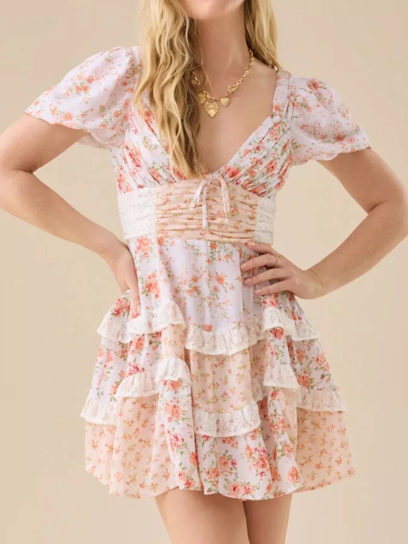 Floral Puff Sleeve Tiered Mini Dress 