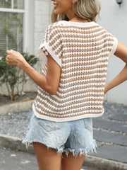 Striped Short Sleeve Crochet Knit Top 