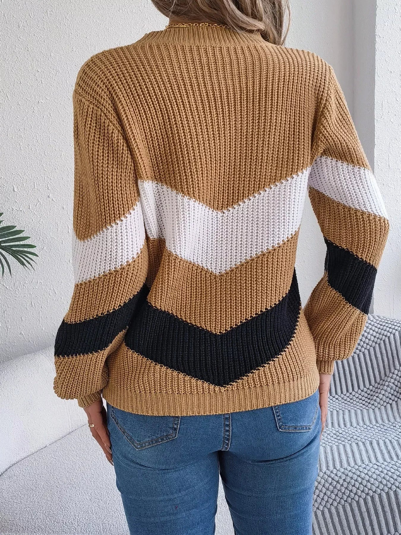 Chevron Stripe Color Block Round Neck Sweater 